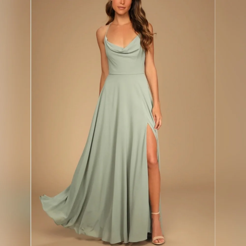 Elegant Chic Cowl Neck High Low Slit Sage Maxi Dress - Picture 3 of 8